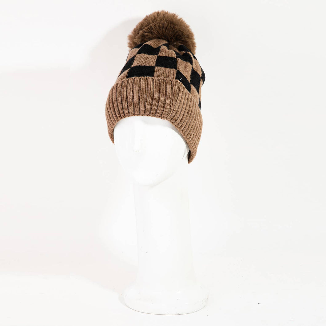 Checkered Pattern Pom Beanie